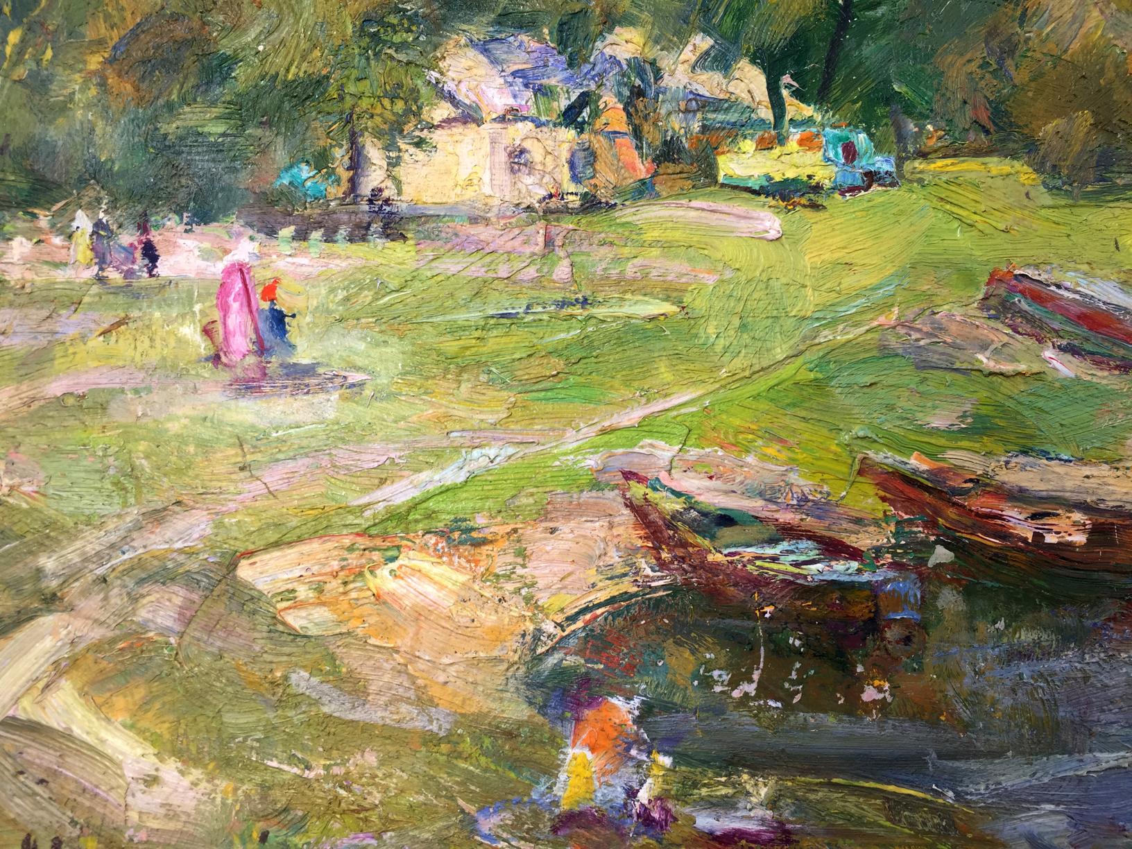 Vibrant impressionist oil painting by M.y Grigory Semenovich with rowboats on green shore