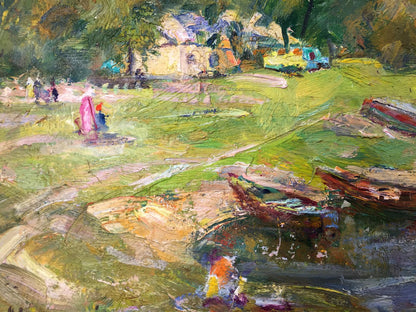 Vibrant impressionist oil painting by M.y Grigory Semenovich with rowboats on green shore