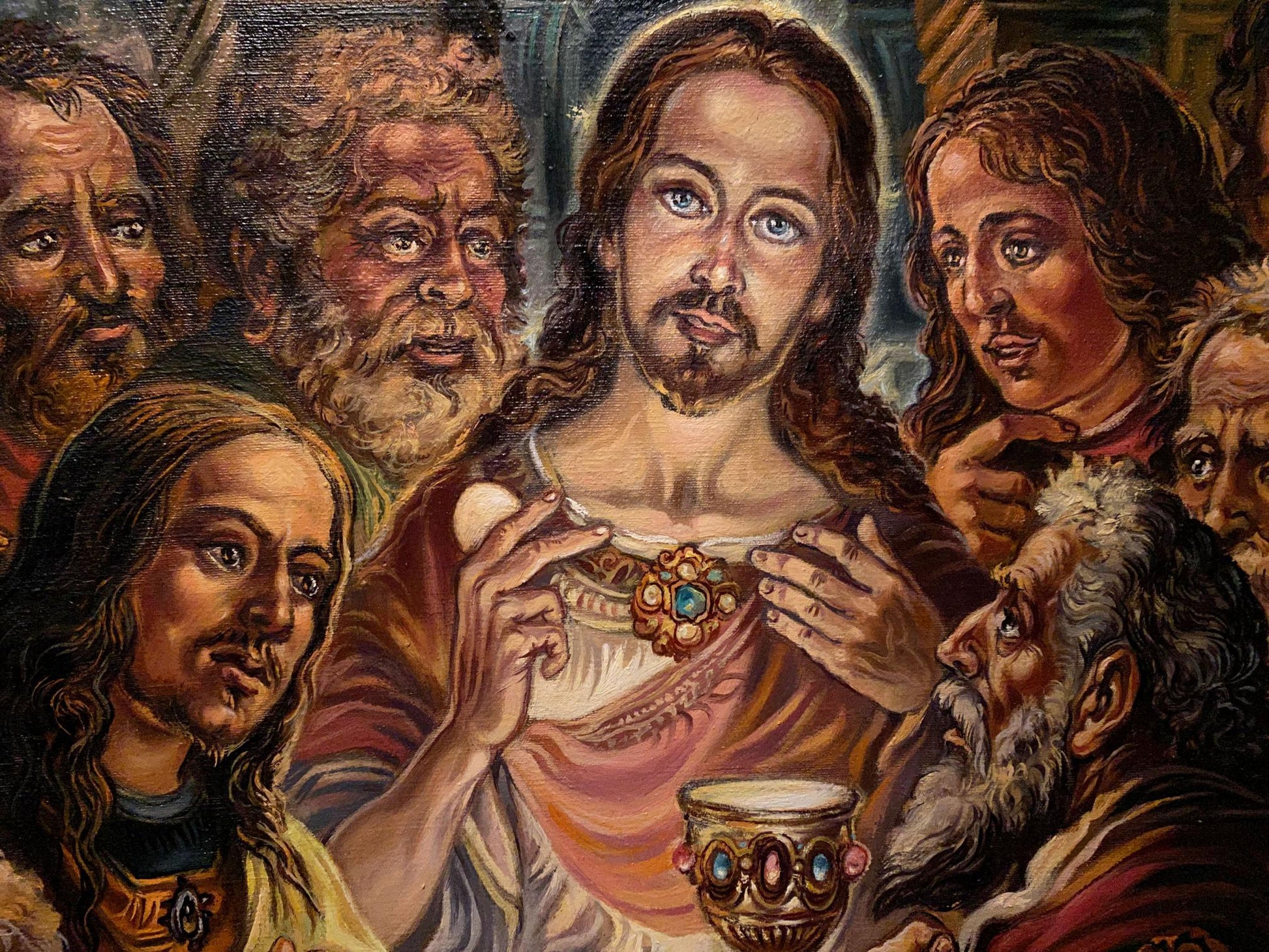 Oil painting by Alexander Arkadievich Litvinov: Jesus Christ wearing golden ornate medallion with blue gem