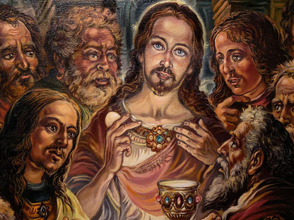 Oil painting by Alexander Arkadievich Litvinov: Jesus Christ wearing golden ornate medallion with blue gem