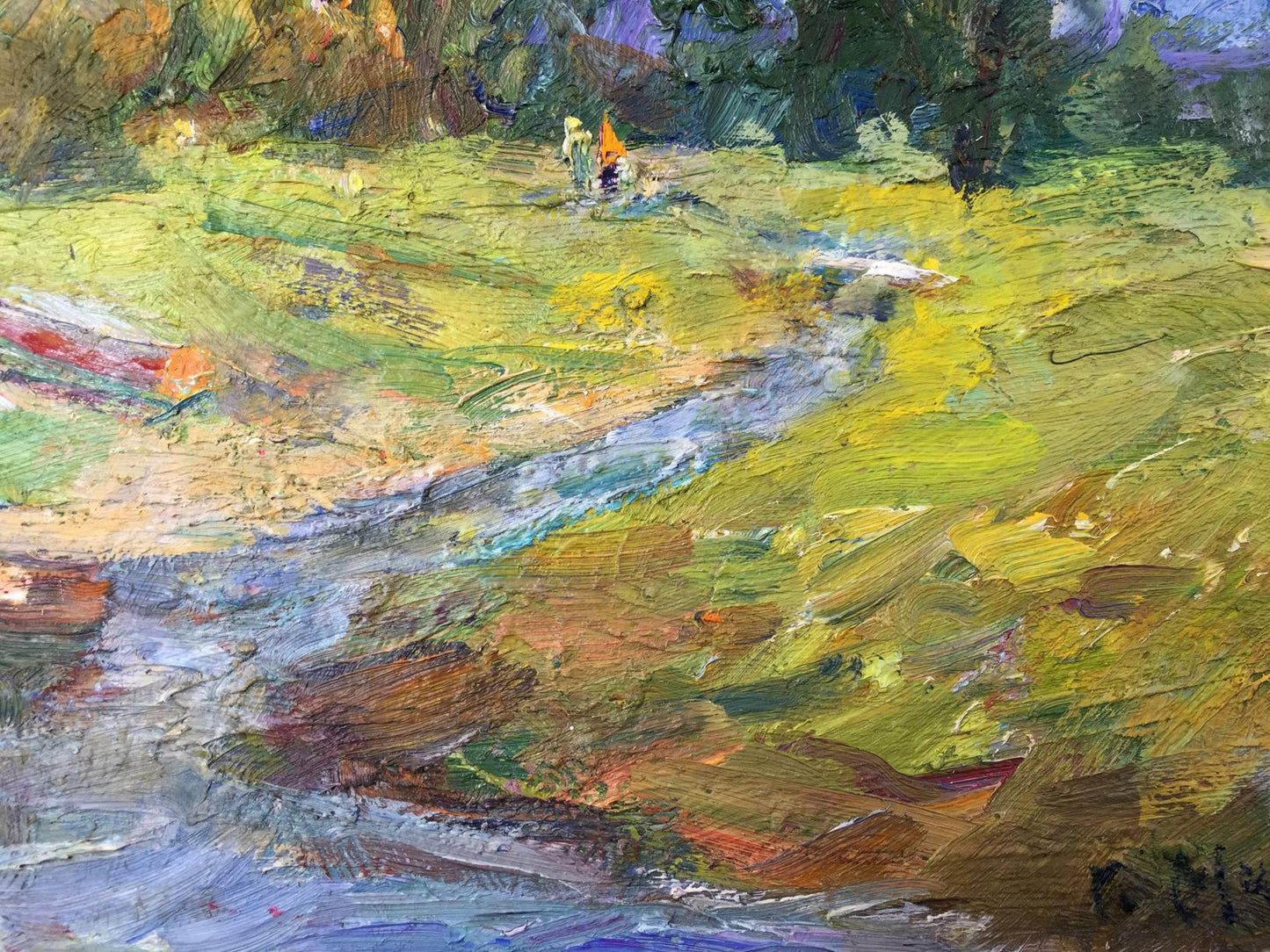 Impressionistic oil painting by M.y Grigory Semenovich: warm summer river landscape