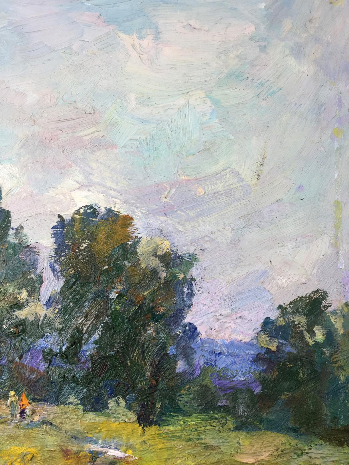 Oil painting Warm summer by M.y Grigory Semenovich, lush green trees under dreamy pink blue sky
