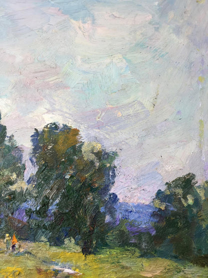 Oil painting Warm summer by M.y Grigory Semenovich, lush green trees under dreamy pink blue sky