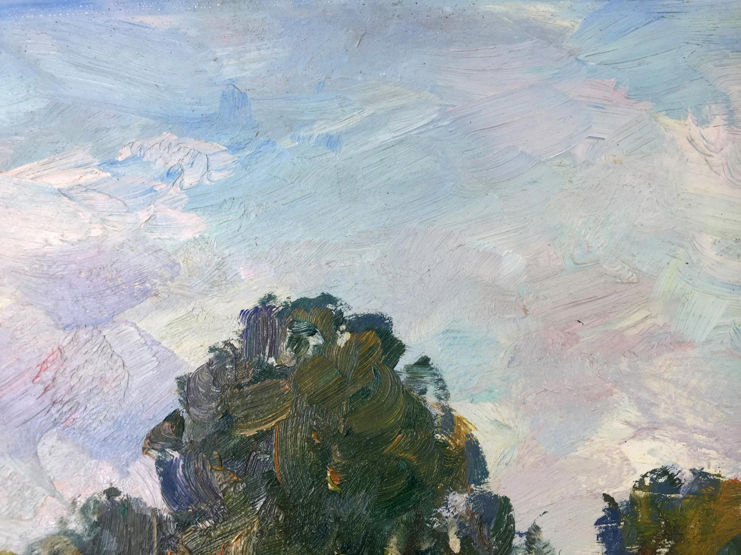 Oil painting Warm summer by M.y Grigory Semenovich, textured green foliage and blue sky