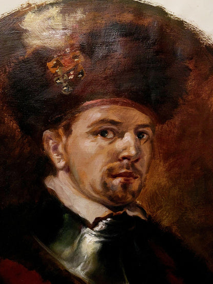 Oil painting of Nobleman Alexander Arkadievich Litvinov dark textured hat with emblem
