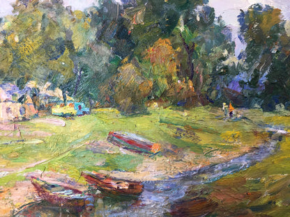 Vibrant impressionist oil painting by M.y Grigory Semenovich of riverbank with red boats