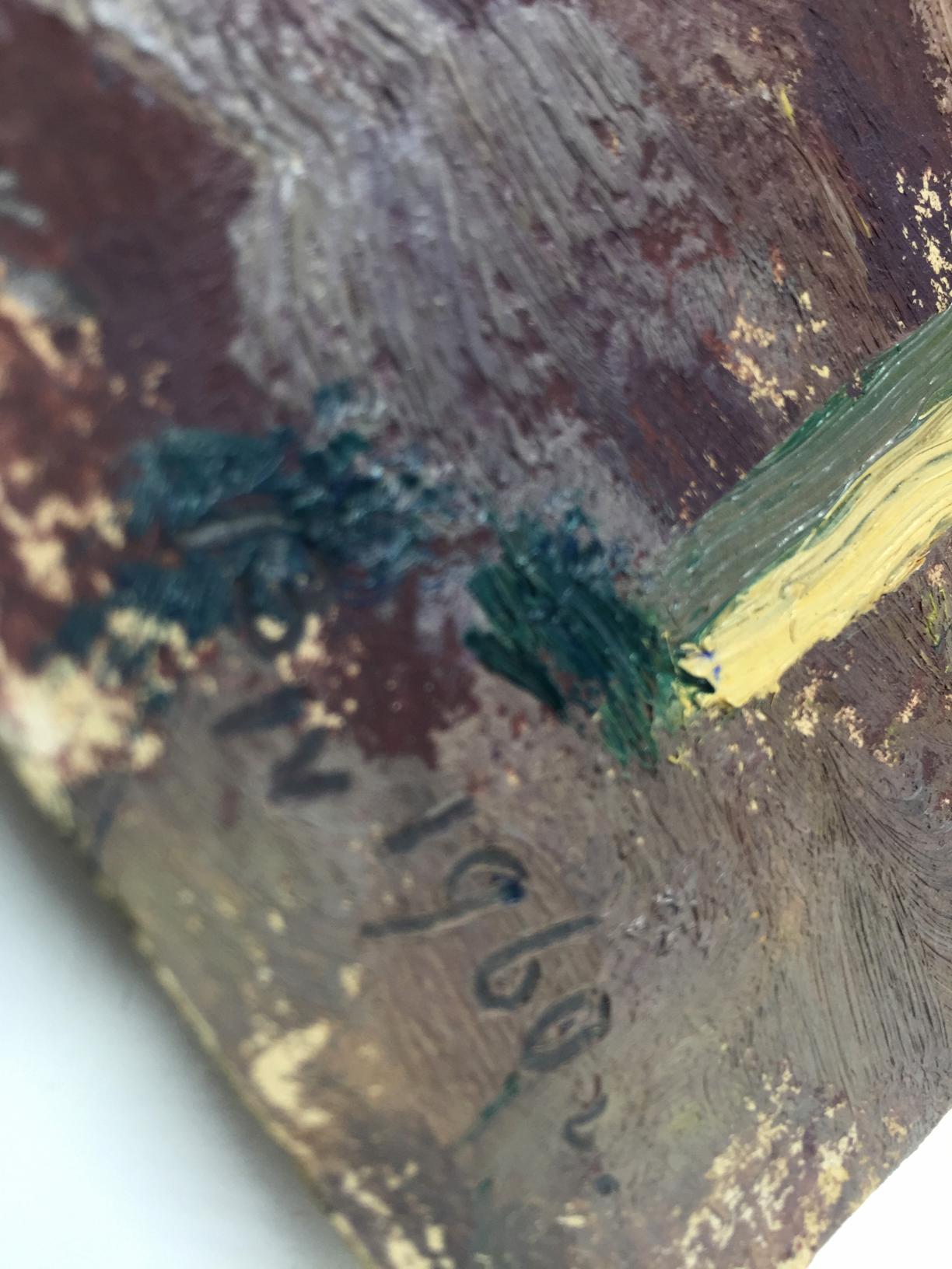 Worn wooden palette with green yellow brushstrokes in Tkachenko Oil painting