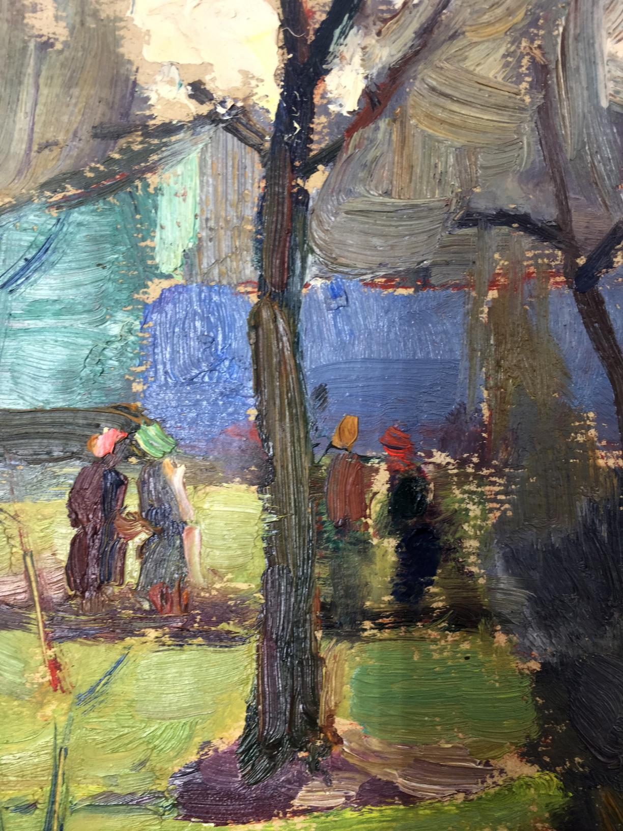 Oil painting In the Park by Evgeny Tkachenko with central tree