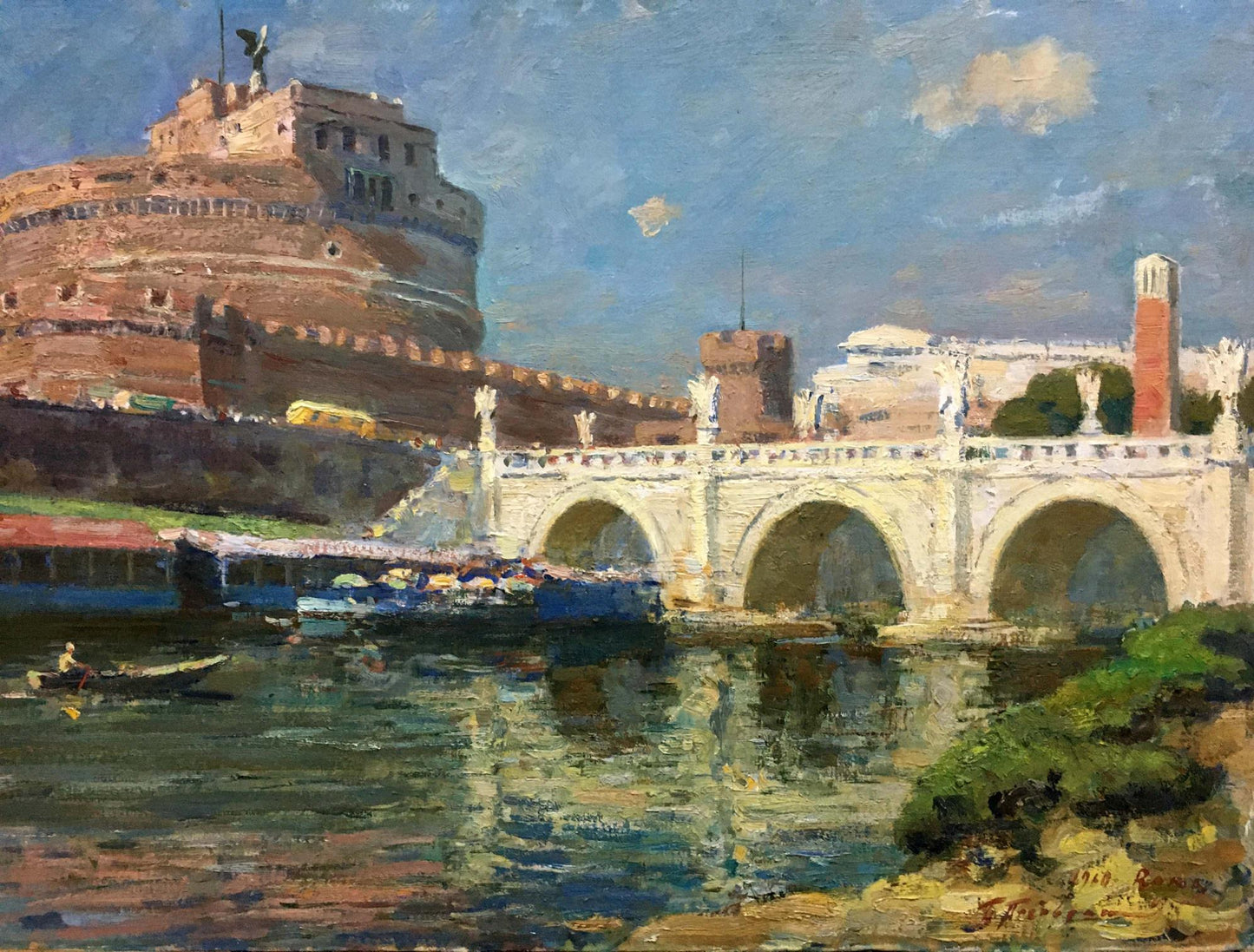 Oil painting of white stone arch bridge with statues by Preobrazhenskiy Boris Vladimirovich