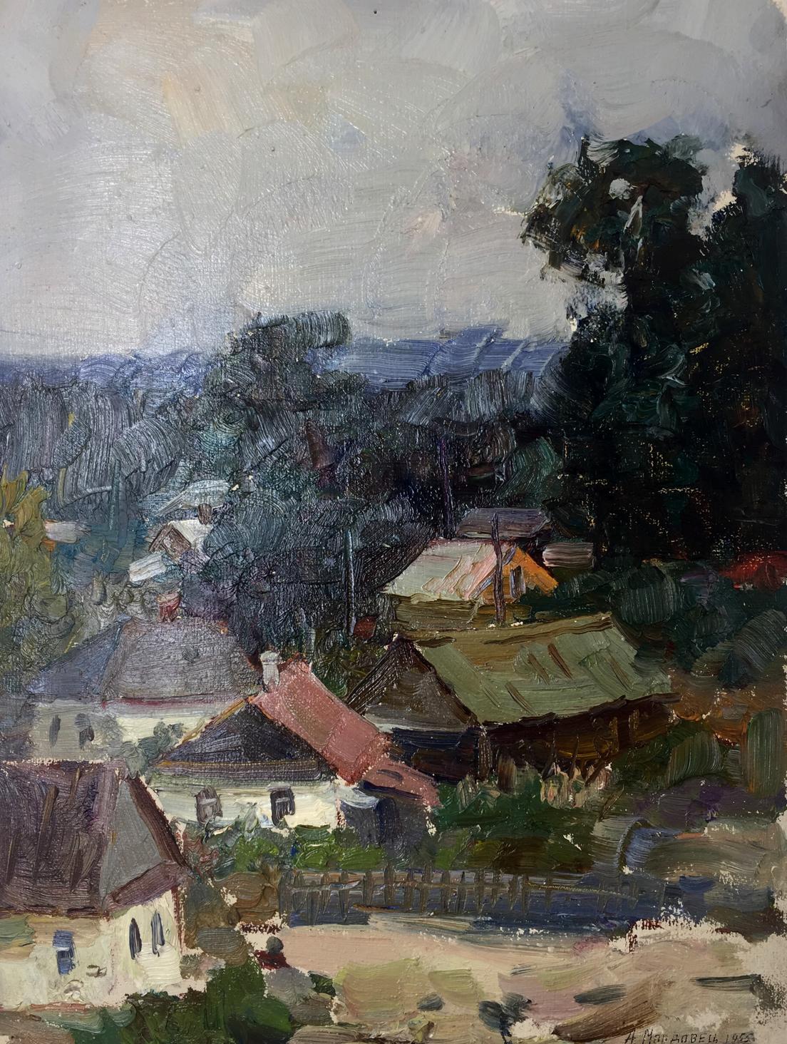 Oil painting by Mordovets Andrey Nikitich: colorful village amid trees
