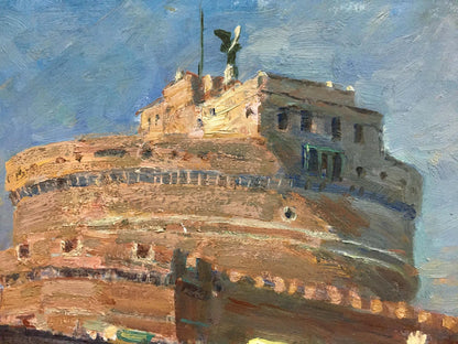 Oil painting of weathered stone castle fortress with statue by Preobrazhenskiy Boris Vladimirovich