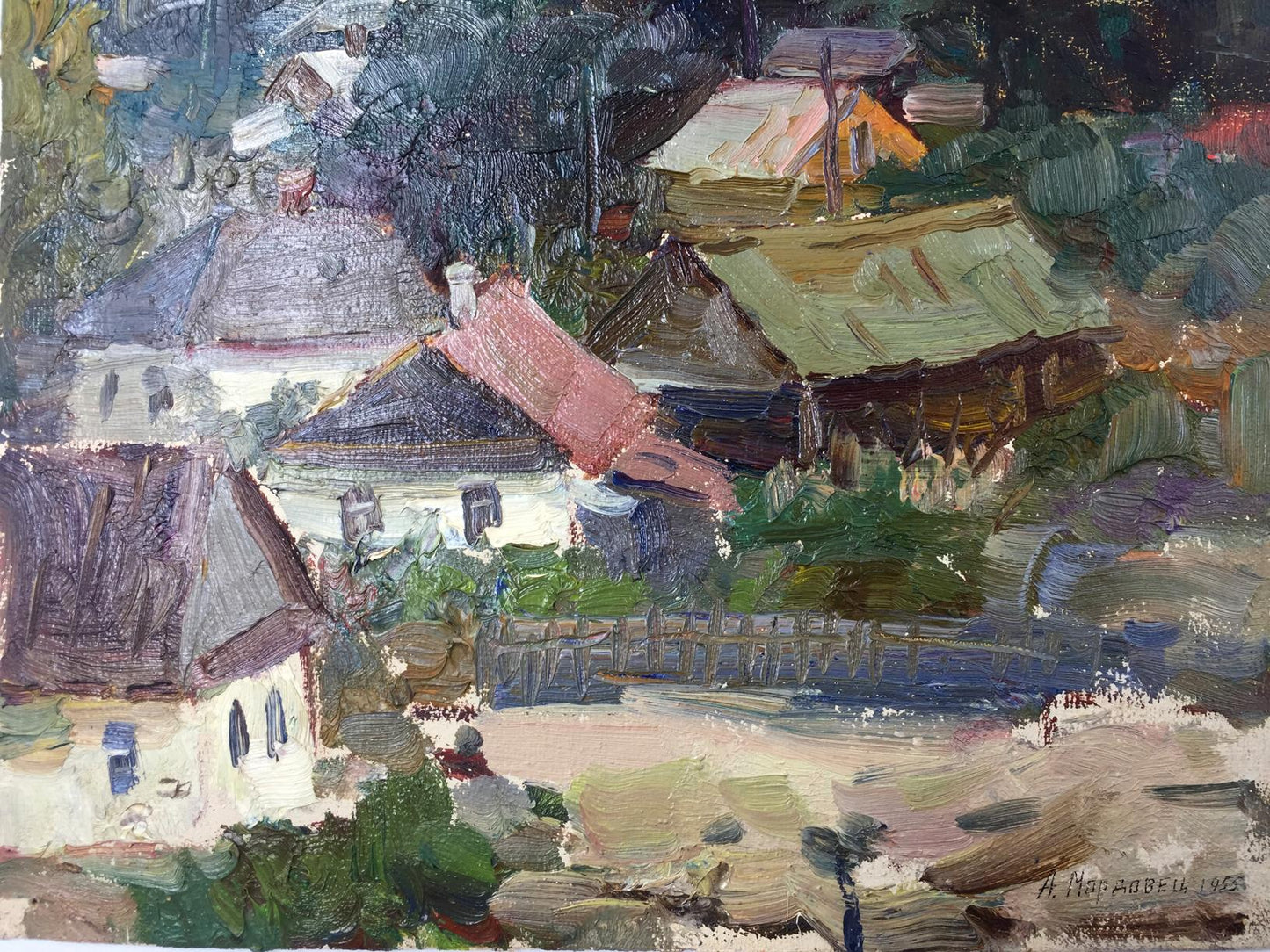 Oil painting by Mordovets Andrey Nikitich of colorful village houses in impasto
