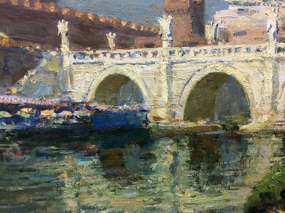 Oil painting by Preobrazhenskiy Boris Vladimirovich of stone bridge over calm water
