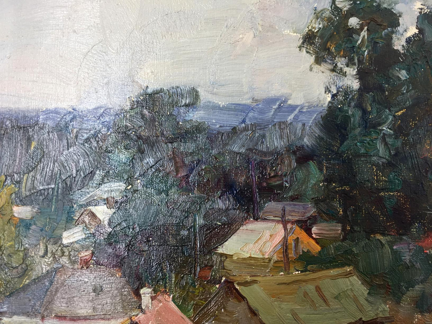 Impressionistic oil painting by Mordovets Andrey Nikitich of village in trees