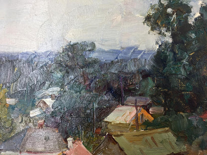 Impressionistic oil painting by Mordovets Andrey Nikitich of village in trees