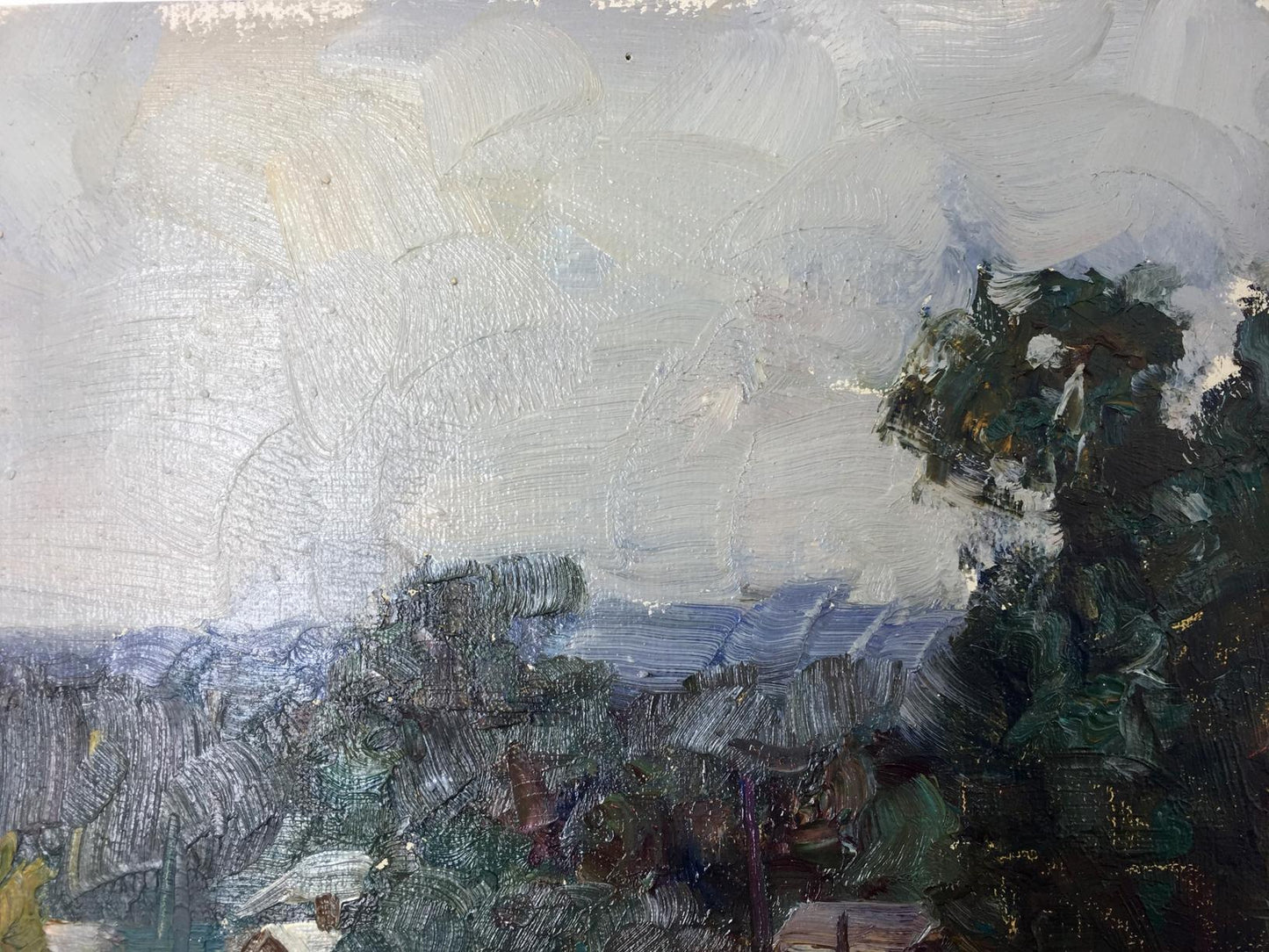 Impressionistic oil painting by Mordovets Andrey Nikitich with textured trees and cloudy sky
