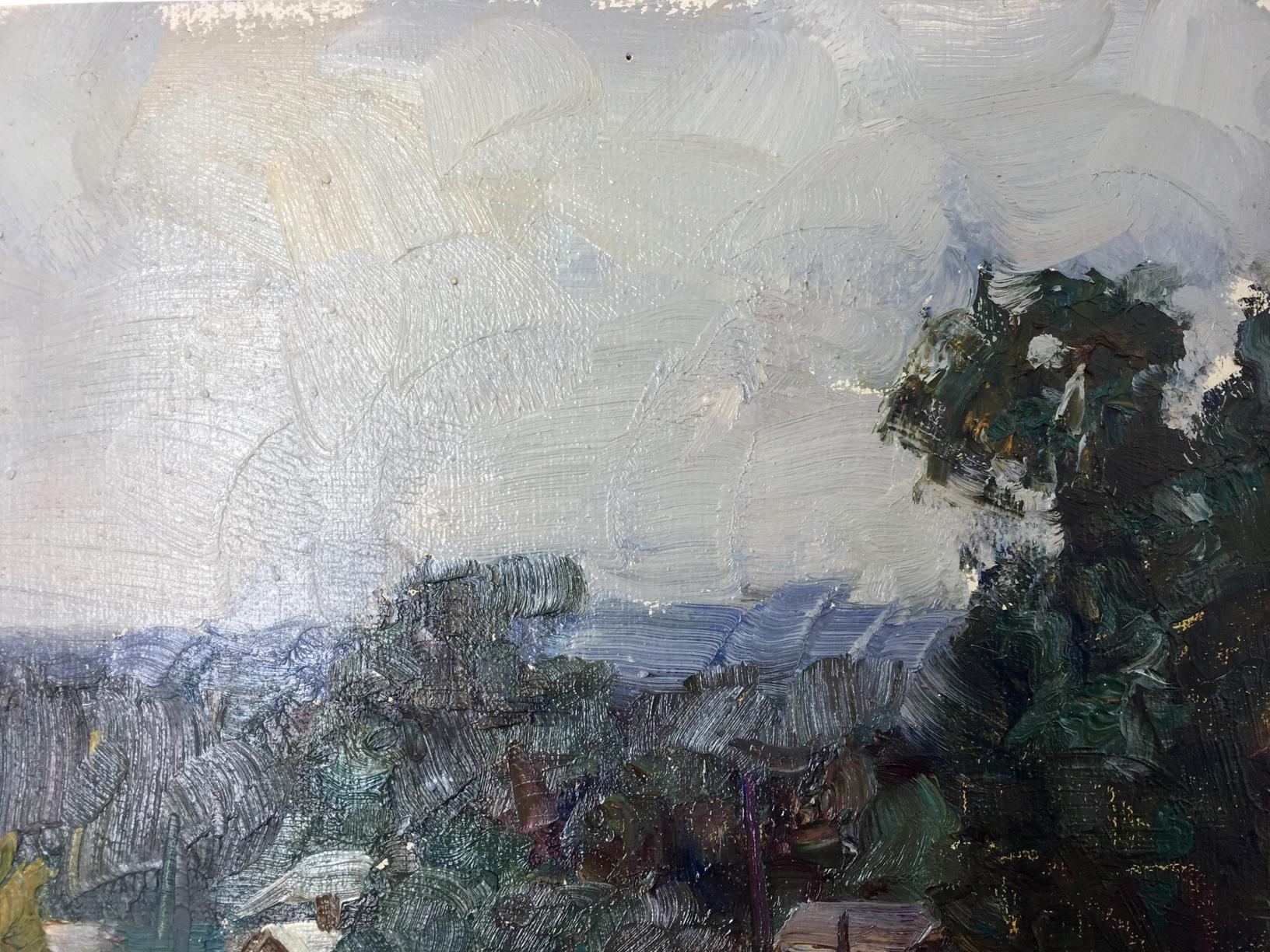 Impressionistic oil painting by Mordovets Andrey Nikitich with textured trees and cloudy sky