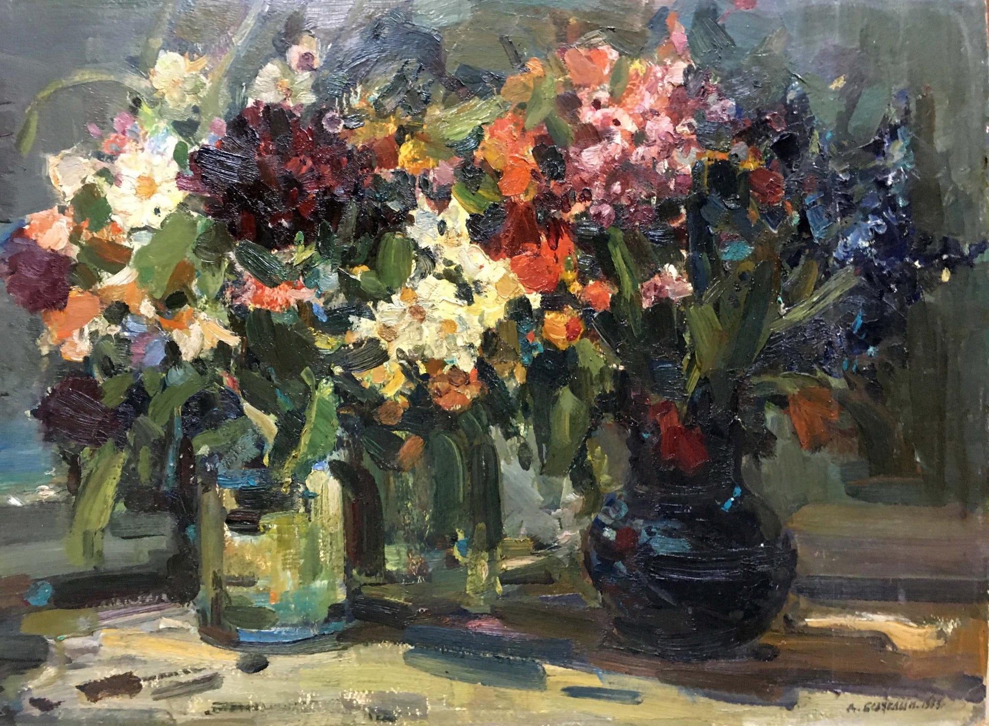 Vibrant impressionistic oil painting of flowers in dark blue vase by Bezugly Daniil Ivanovich