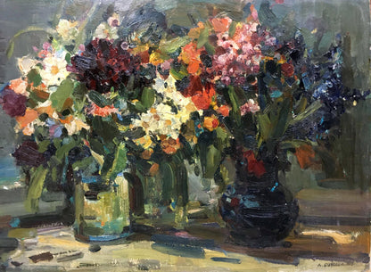Vibrant impressionistic oil painting of flowers in dark blue vase by Bezugly Daniil Ivanovich