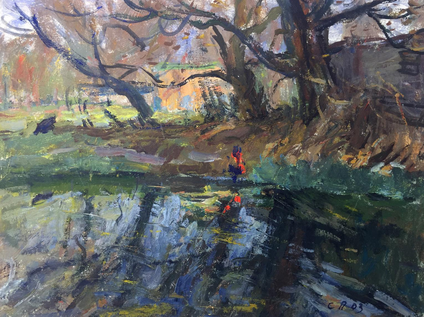 Oil painting Autumn by Petrashevsky, Stanislav Vasilievich: solitary red figure by river