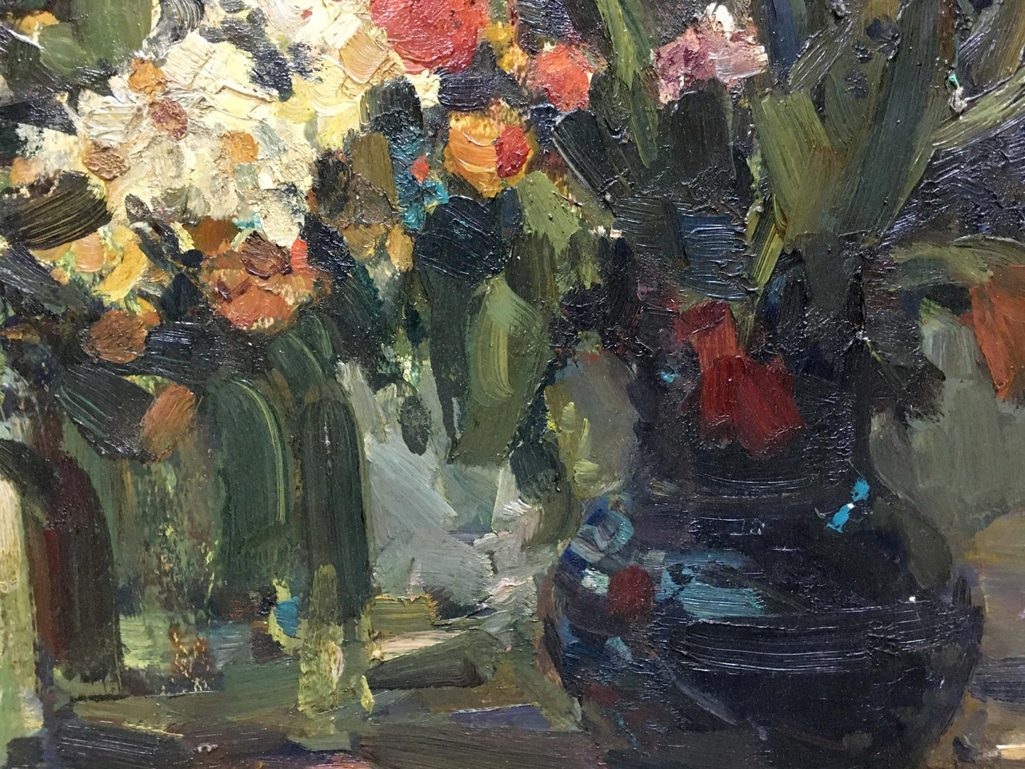 Oil painting of flowers in water by Bezugly Daniil Ivanovich in dark textured vase