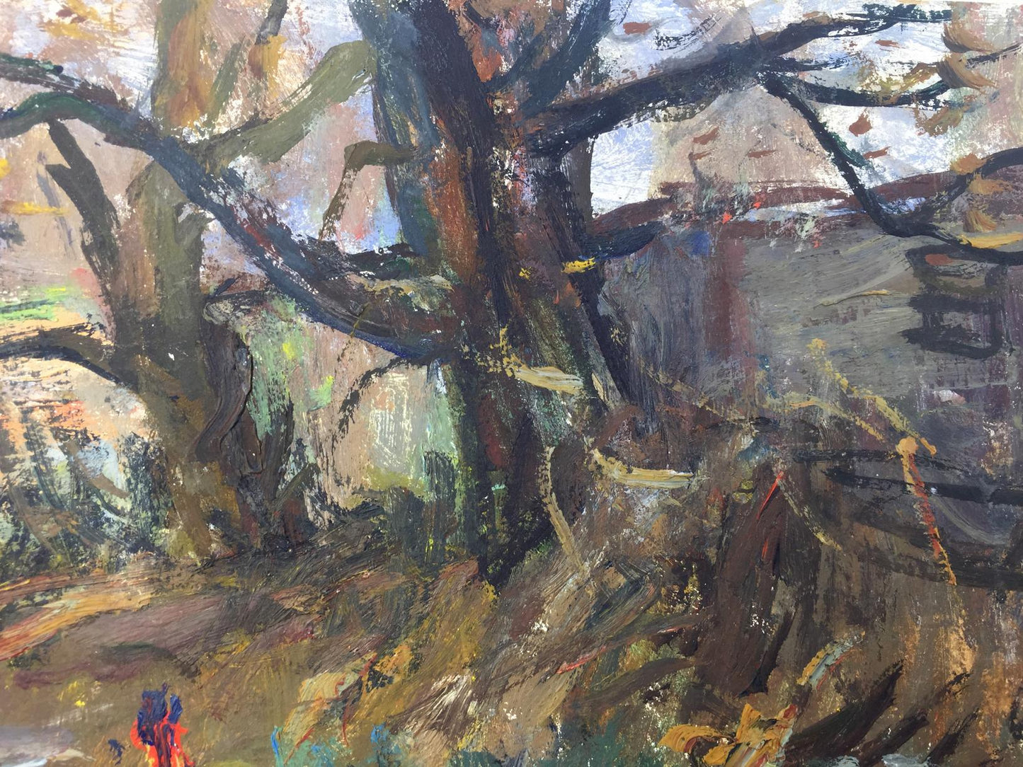 Oil painting Autumn by Petrashevsky, gnarled tree in earthy tones