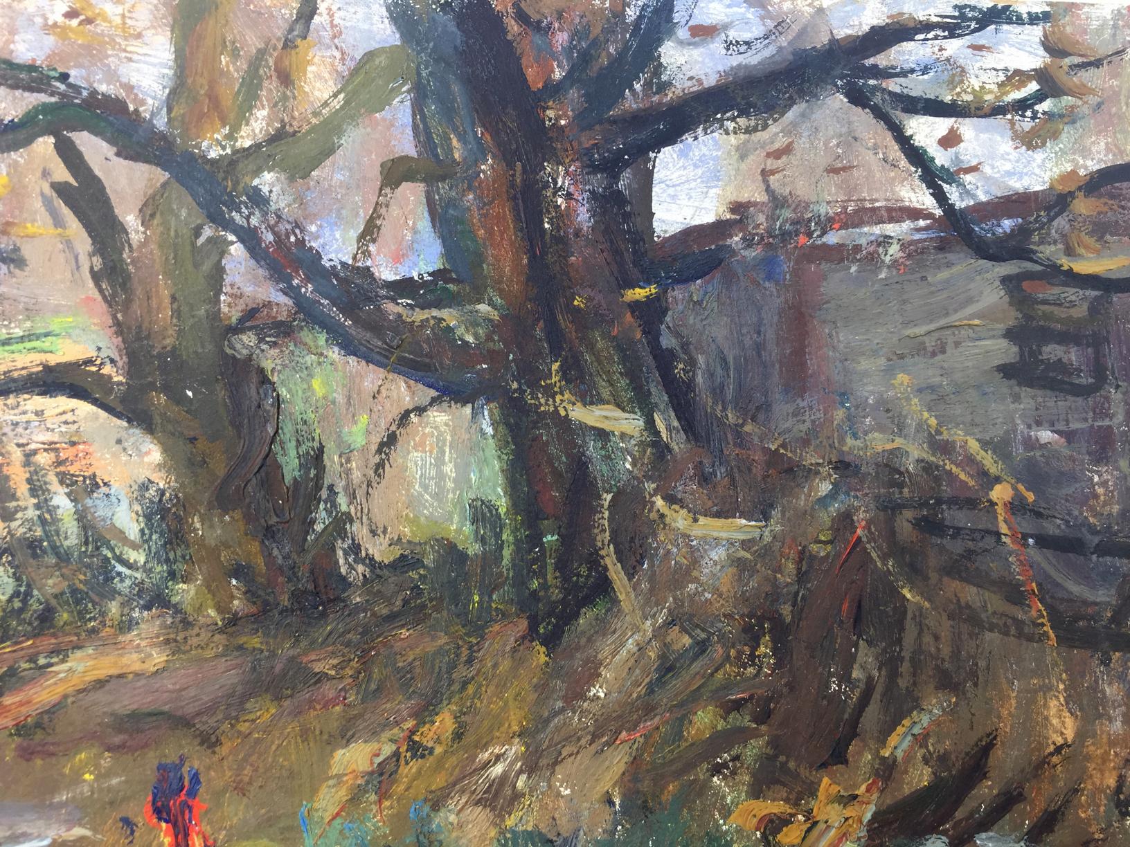Oil painting Autumn by Petrashevsky, gnarled tree in earthy tones