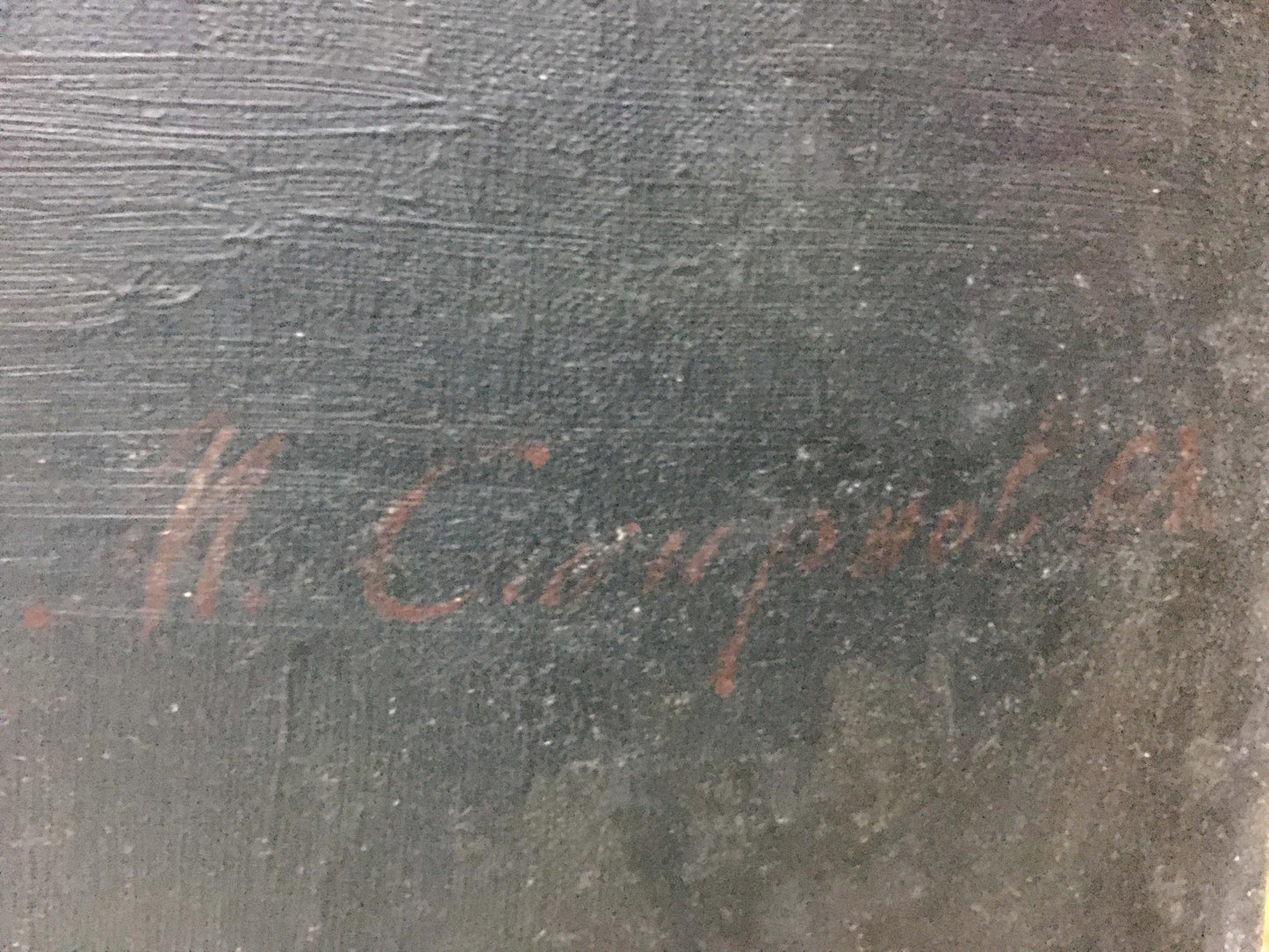 Faded red signature by Bezugly Daniil Ivanovich on dark textured canvas back of oil painting Flowers in water