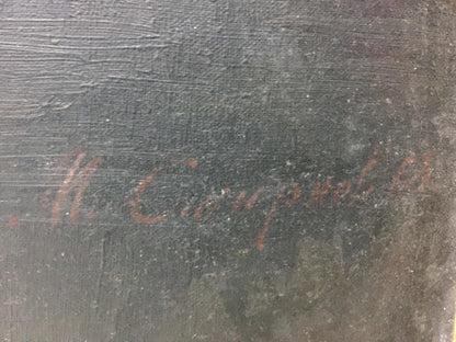 Faded red signature by Bezugly Daniil Ivanovich on dark textured canvas back of oil painting Flowers in water