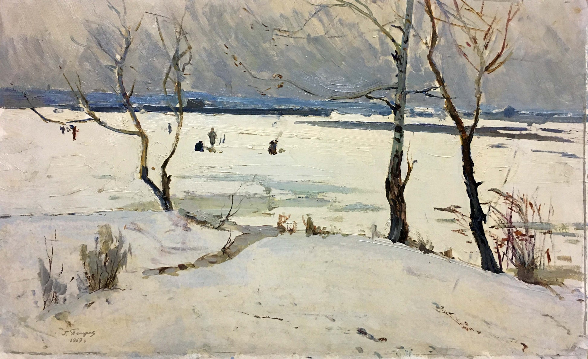 Winter park by George Petrovich, watercolor snowy landscape with bare trees