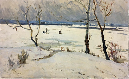 Winter park by George Petrovich, watercolor snowy landscape with bare trees