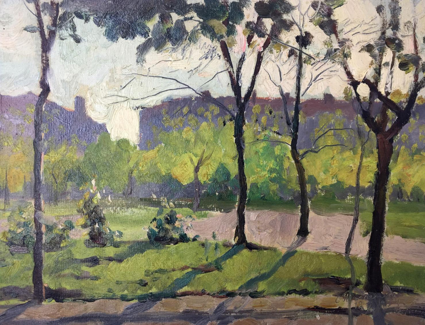 Vibrant impressionist oil painting of city park by Evgeny Nikolaevich Tkachenko