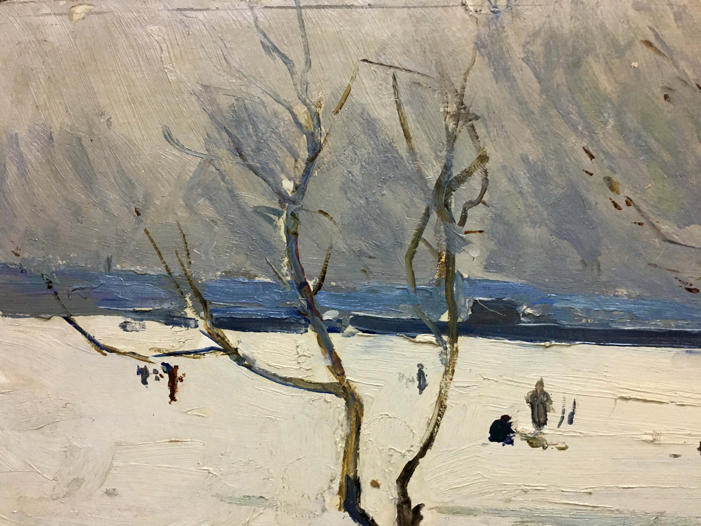 Oil painting Winter park by George Petrovich: gnarled branches in snowy landscape