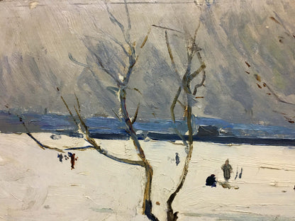 Oil painting Winter park by George Petrovich: gnarled branches in snowy landscape