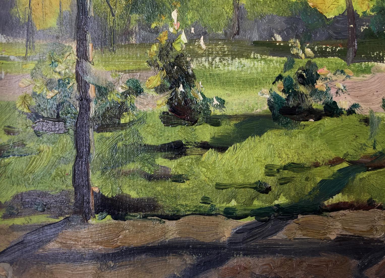 Vibrant impressionist oil painting of sunlit city park by Evgeny Tkachenko