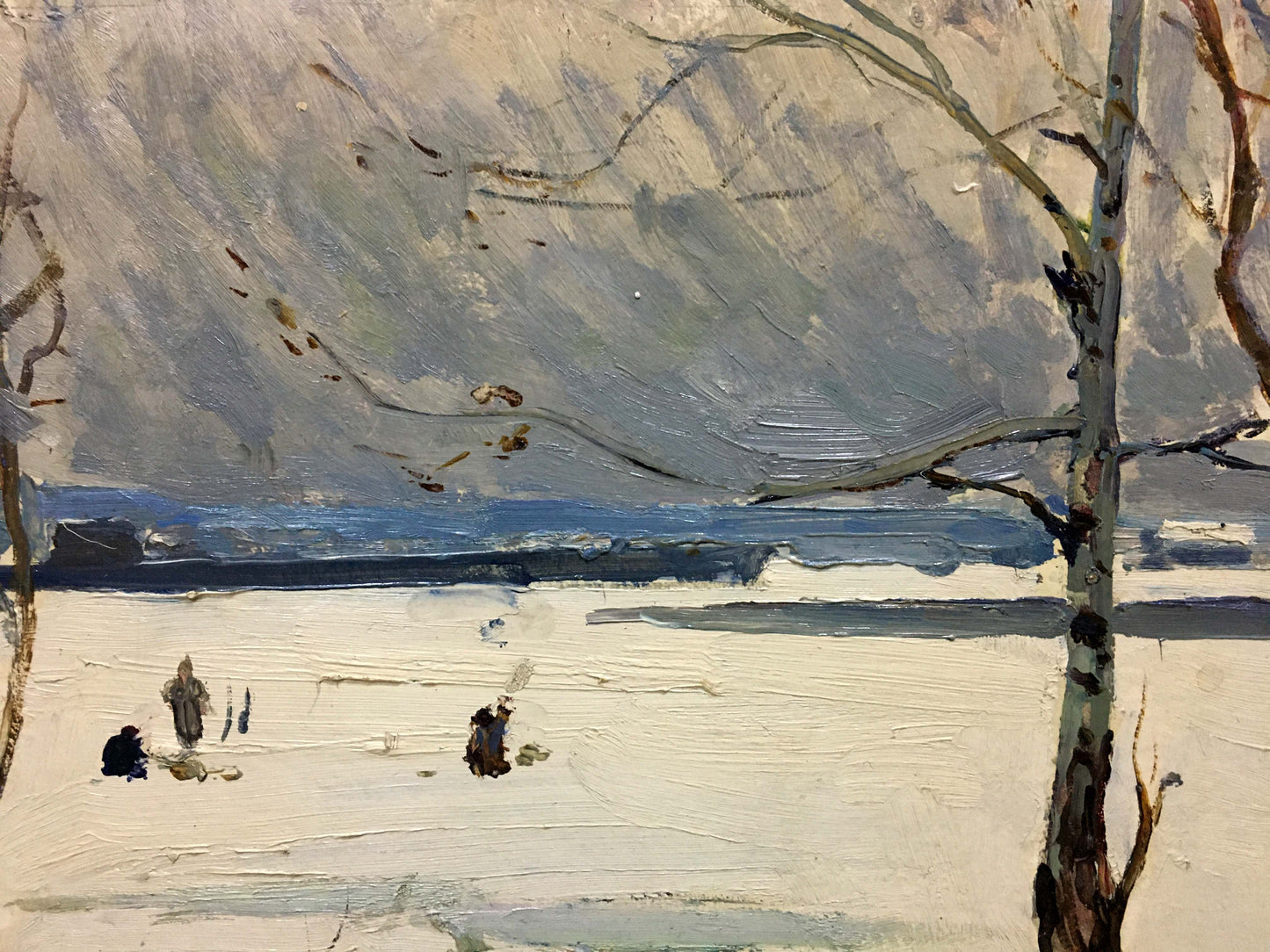 Oil painting Winter park by George Petrovich snowy landscape with trees