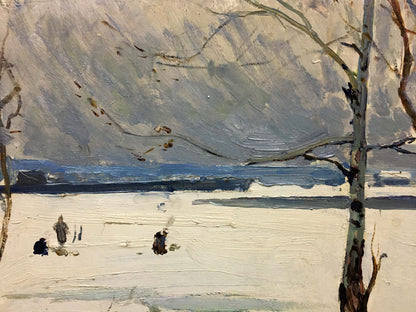 Oil painting Winter park by George Petrovich snowy landscape with trees