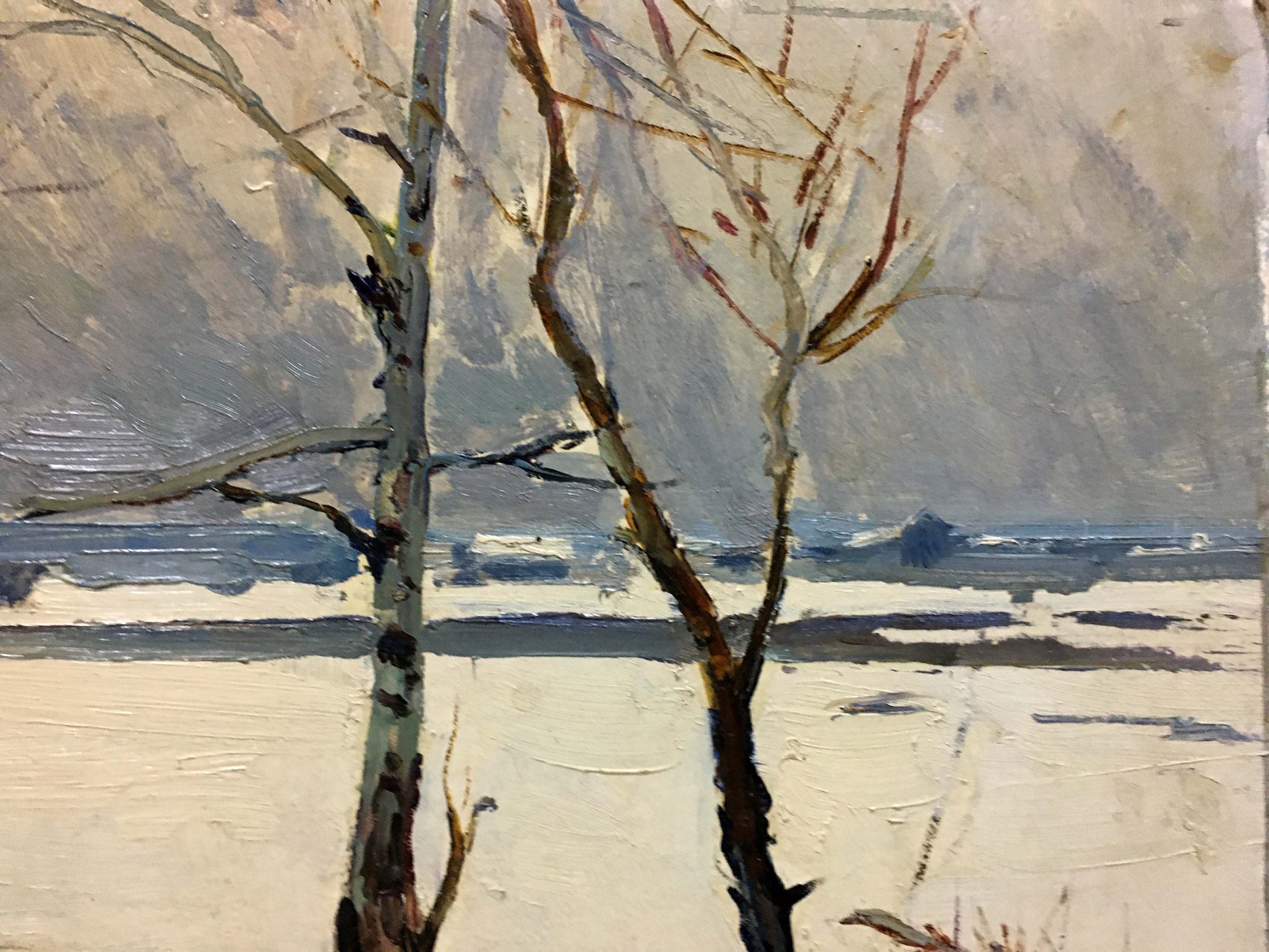 Oil painting Winter park by George Petrovich: bare trees in snowy landscape