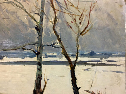 Oil painting Winter park by George Petrovich: bare trees in snowy landscape