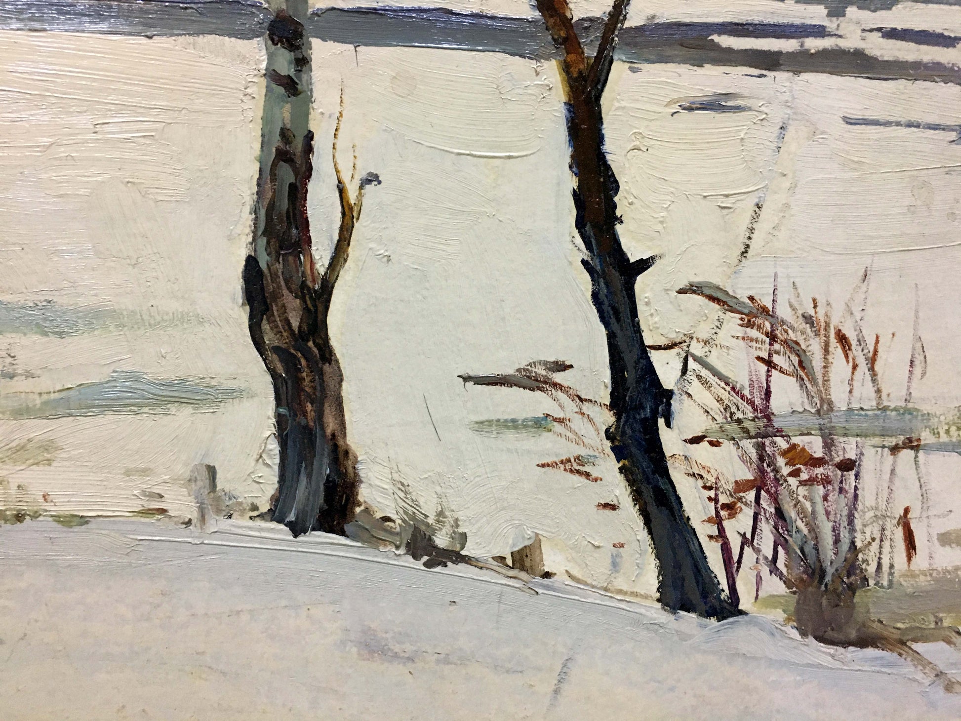 Oil painting Winter park by George Petrovich: gnarled trees in snowy landscape