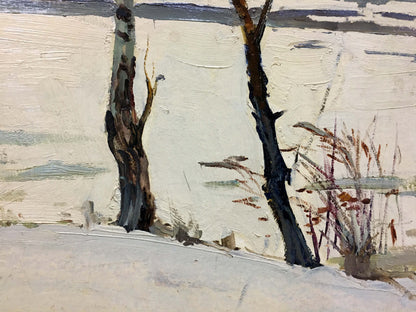 Oil painting Winter park by George Petrovich: gnarled trees in snowy landscape