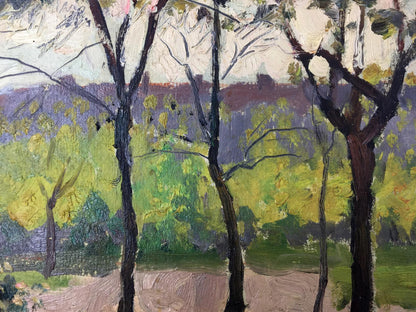 Oil painting City Park by Evgeny Nikolaevich Tkachenko with dark trees