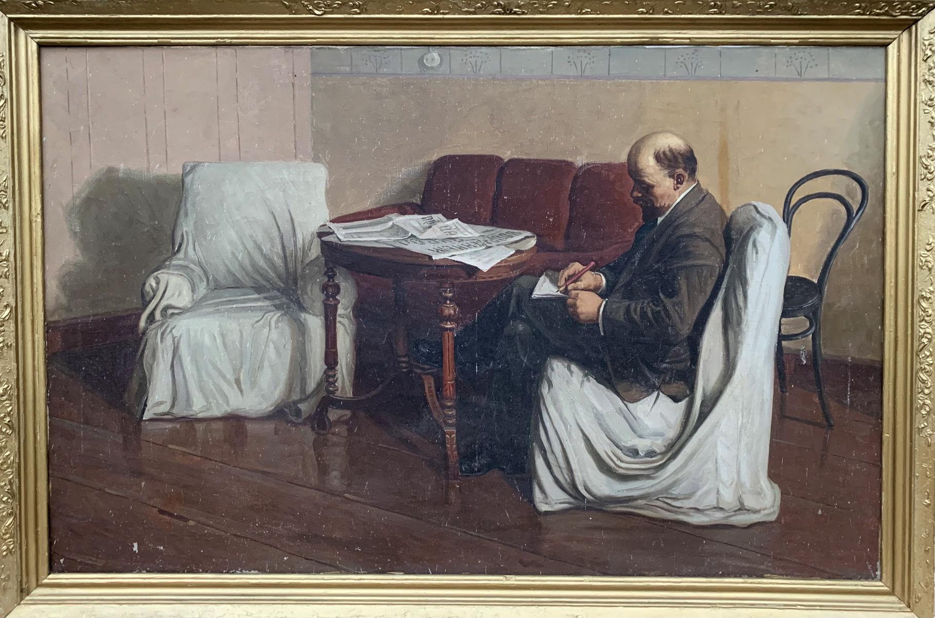 Framed social realism oil painting of Lenin reading at table by unknown artist