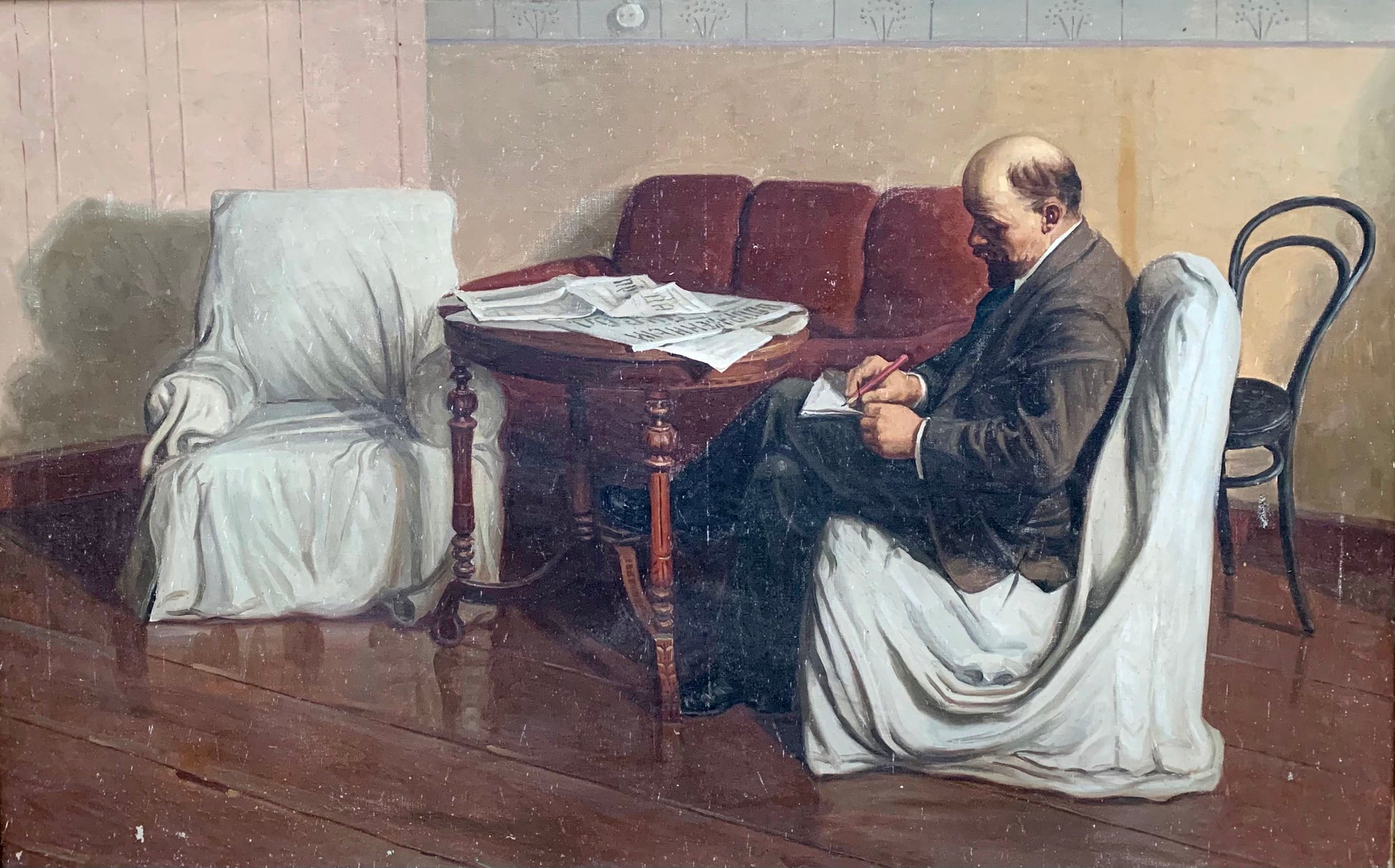 Social realism oil portrait of Lenin writing amid newspapers