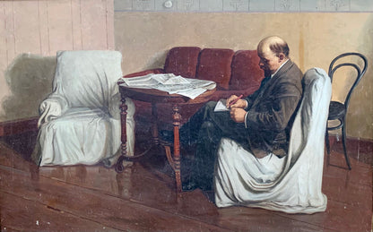 Social realism oil portrait of Lenin writing amid newspapers