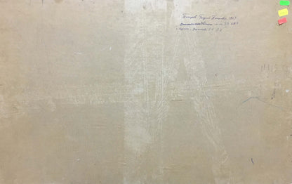 Back of George Petrovich Petrov Winter park oil painting with beige textured wall and colorful sticky notes
