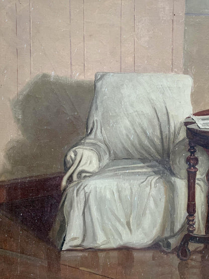 Off-white upholstered armchair with wooden legs in Lenin portrait painting