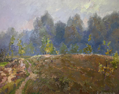 Oil painting of misty morning forest path by Alexander Fedorovich Mynka