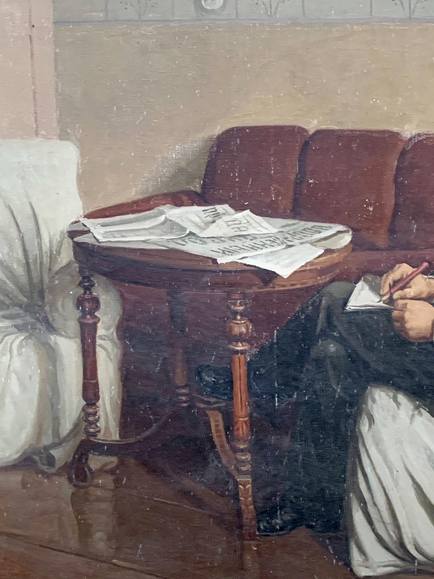 Social realism oil painting of Lenin reading at dark wood oval table with newspapers