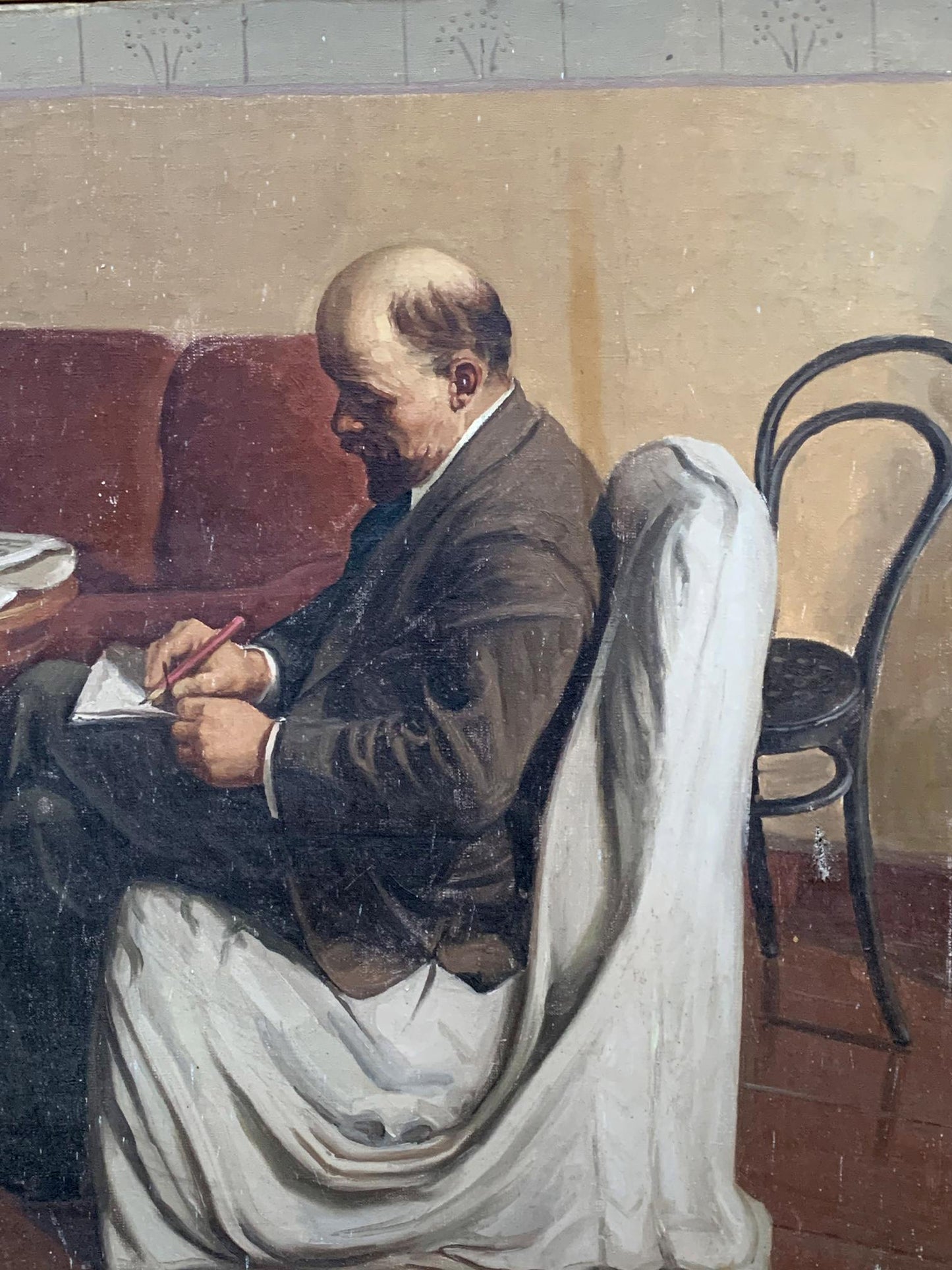 Vintage social realism oil portrait of Lenin writing with red pen